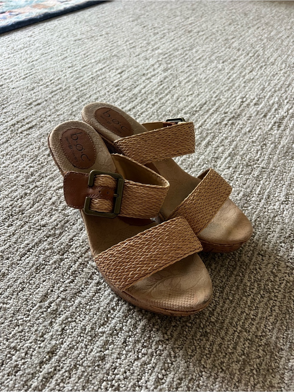 b.o.c. Tan Woven Wedge Slide Sandals with Buckle